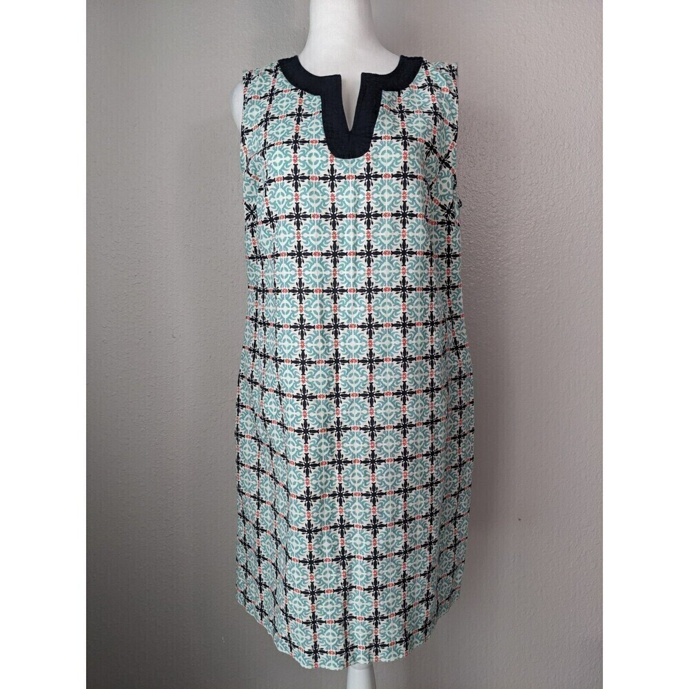 Talbots Linen Blend Teal Blue Geometric Print Shift Dress Size 14P Petite‎ N16